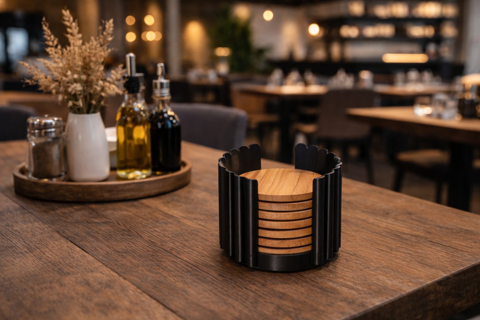 Bierdeckelhalter auf einem Holztisch in Bar-Atmosph&auml;re