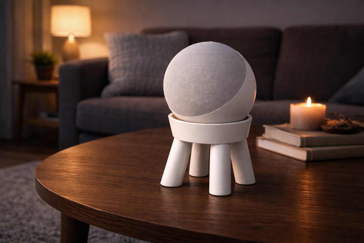Echo Stand One in heller Ausf&uuml;hrung auf einem Wohnzimmertisch